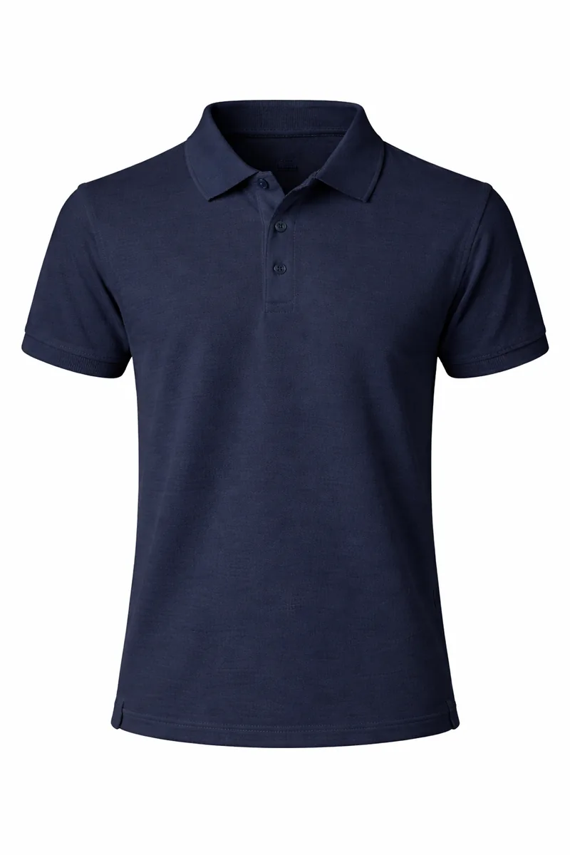 Navy hotel polo with hang tag — configurator preview